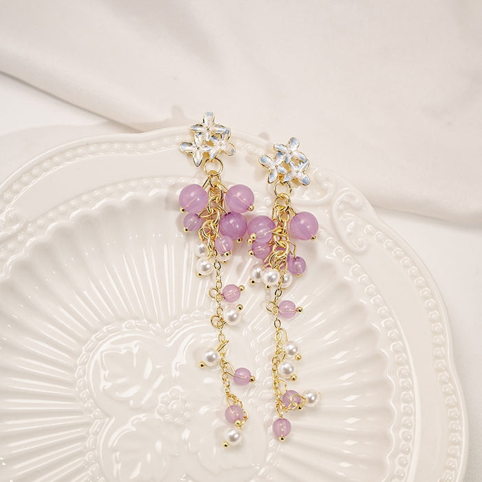 Elegant Purple Grape Cluster Tassel Alloy Flower Studs With Faux Pearl Crystal Beads Drop Earrings