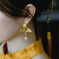 New Chinese Style Gold Fan Faux Pearl Drop Earrings Geometric Qipao Inspired Jewelry view 2