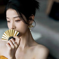 New Chinese Style Gold Fan Faux Pearl Drop Earrings Geometric Qipao Inspired Jewelry view 4