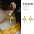 New Chinese Style Gold Fan Faux Pearl Drop Earrings Geometric Qipao Inspired Jewelry view 1
