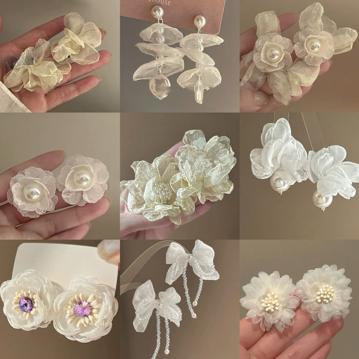 Silver Needle Fabric Flower Imitation Pearl Stud Earrings, Fresh Sweet Elegant Floral Jewelry