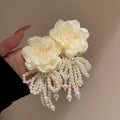 Silver Needle Fabric Flower Imitation Pearl Stud Earrings, Fresh Sweet Elegant Floral Jewelry view 2