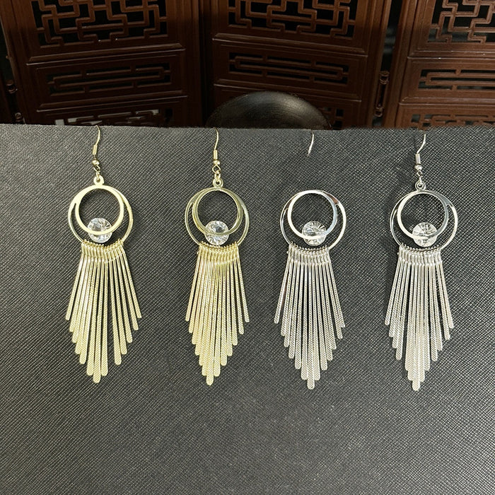Bohemian Geometric Hollow Circle Alloy Long Tassel Drop With Crystal Rhinestone Pendant Earrings