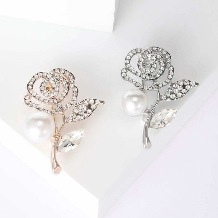 Alloy Rhinestone Rose Pearl Brooch Pin For Women's Clothing
