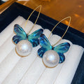 Faux Pearl Butterfly Pendant Drop Earrings Chic Elegant Luxury Ear Hook Jewelry view 1