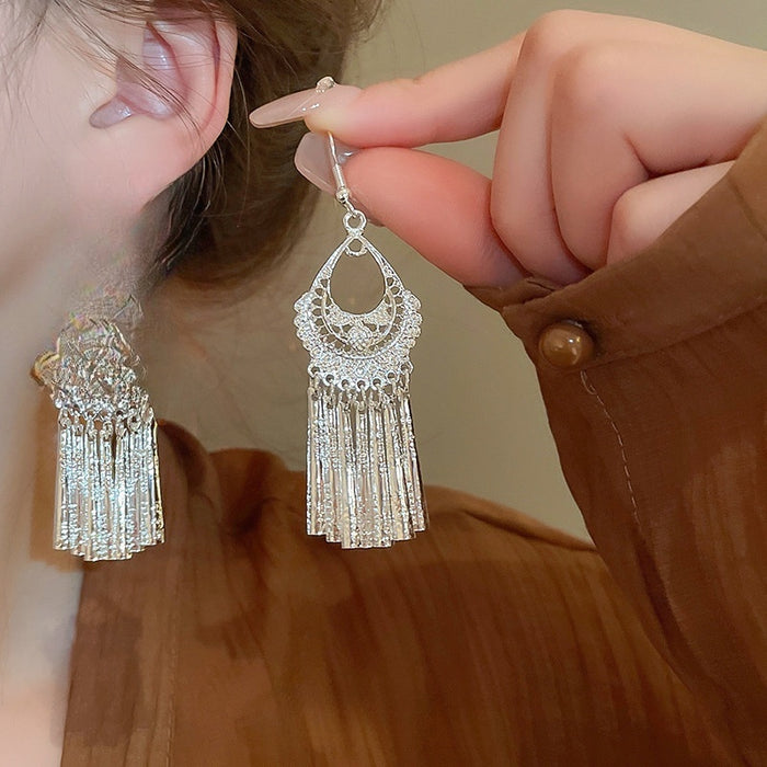 New Chinese Style Alloy Geometric Wind Chime Tassel Long Hook Drop Earrings Vintage Ethnic Jewelry