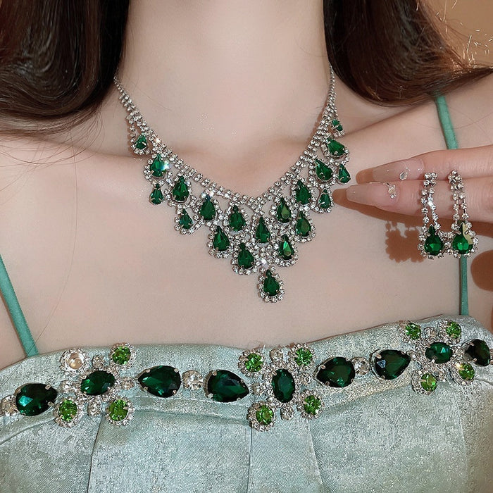Copper Rhinestone Water Drop Tassel Necklace Jewelry Set Vintage Elegant Evening Style