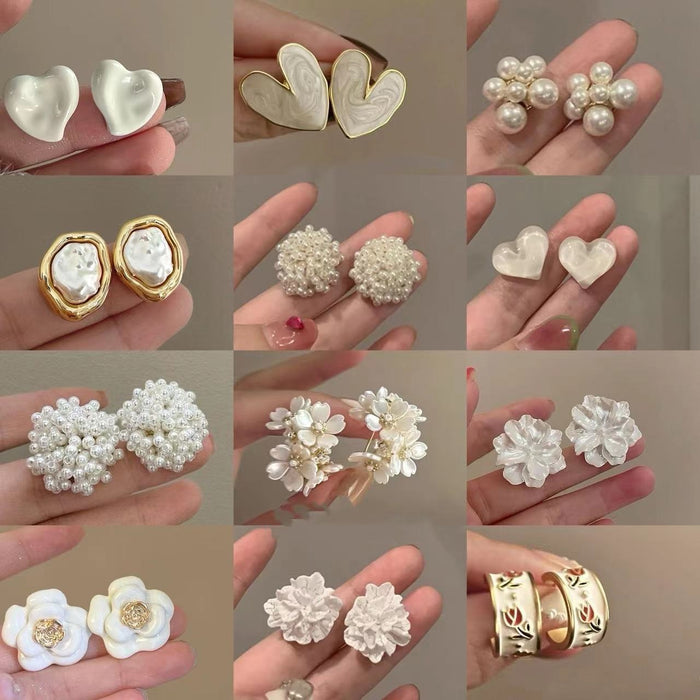 Vintage French Flower Heart Faux Pearl Stud Earrings With Silver Needle Elegant Women's Jewelry