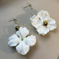 Elegant French White Fabric Flower Alloy Drop With Pearl Rhinestone Center Women's Dangle Earrings view 4