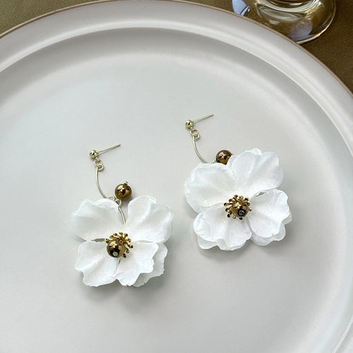 Elegant French White Fabric Flower Alloy Drop With Pearl Rhinestone Center Women's Dangle Earrings