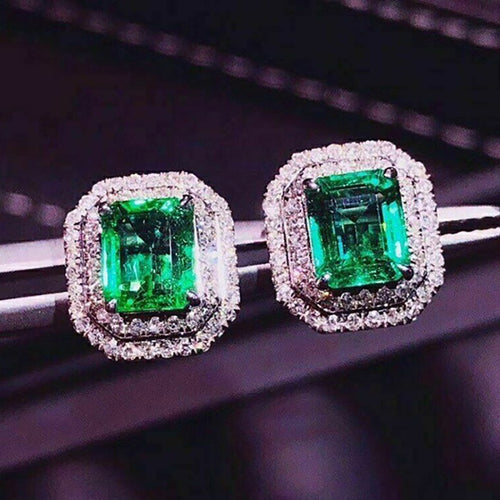 Rectangular Full Rhinestone Palace Style Stud Earrings, Double Layer Elegant Queen Ear Jewelry
