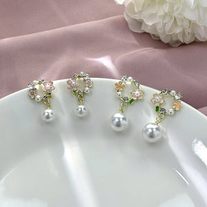 Elegant Pink Enamel Flower Alloy Rhinestone Crystal Pearl Drop Stud Spring Sweet Fresh Earrings