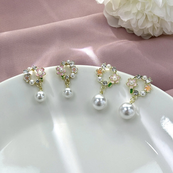 Elegant Pink Enamel Flower Alloy Rhinestone Crystal Pearl Drop Stud Spring Sweet Fresh Earrings