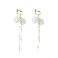 Elegant Korean White Shell Petal Pearl Alloy Chain Tassel Long Drop Clip-On Women's Earrings view 5