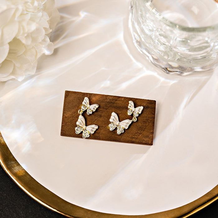 Elegant Enamel Butterfly Drop Studs With Rhinestone Inlay, Alloy Silver Needle Luxury Women's Earrings