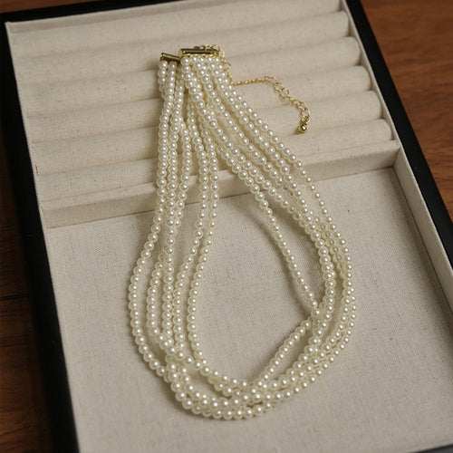 French Minimalist Multi Layer Faux Pearl Beaded Collarbone Necklace For Office And Evening Dress