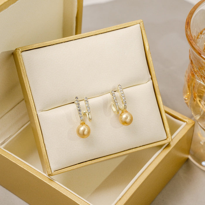 Elegant Korean Style Champagne Pearl Drop Hoops With Rhinestone Zircon Silver Needle Stud Earrings