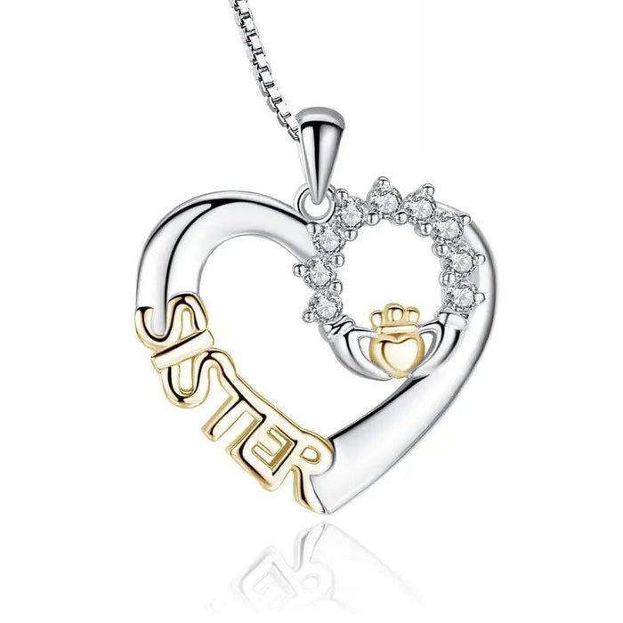 European American Best Friends Necklace With Heart Letters And Crown, Hand Holding Heart Pendant