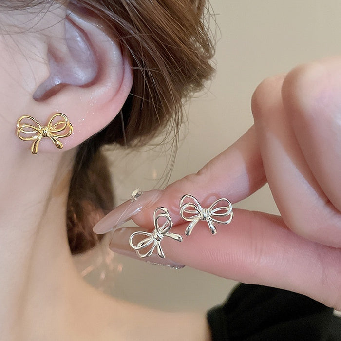 Korean Style Copper Bow Stud Earrings Minimalist Silver Pin Fashion Jewelry For Women