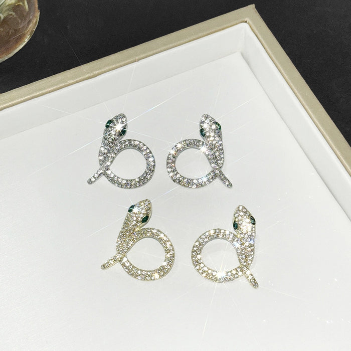 Luxury Pave Rhinestone Serpent Snake Studs For Women, Geometric Coil Alloy Silver Needle Earrings