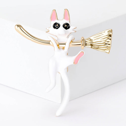 Alloy Enamel Cat Broom Brooch Pin For Women Clothing Gifts