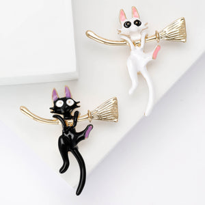Alloy Enamel Cat Broom Brooch Pin For Women Clothing Gifts