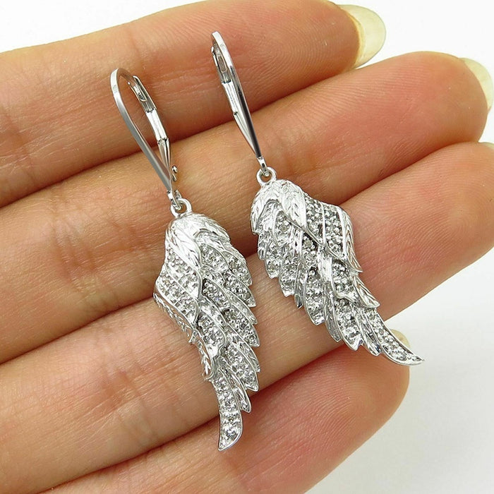Luxury Long Feather Leaf Bridal Pendant Earrings, Exquisite Angel Wing Dangle Earrings For Women