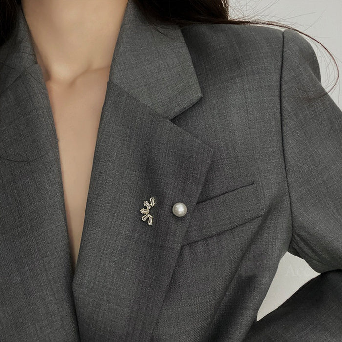 Faux Pearl And Zircon Fan Shaped Brooch, Elegant Geometric Suit Lapel Clothing Pin For Women