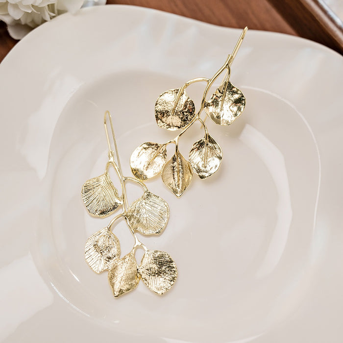 Elegant Vintage Gold Alloy Multi Leaf Branch Long Hook Drop Statement Dangle Fashion Earrings