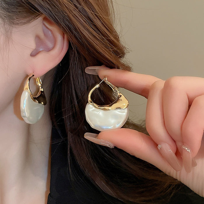 French Vintage Alloy Geometric Ring Pearl Drop Earrings With Pleated Bag Design For Women