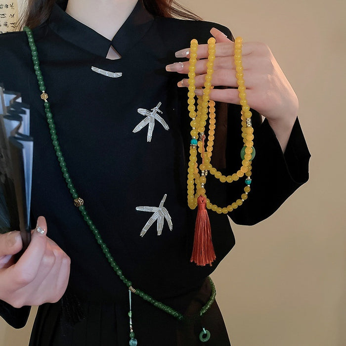 New Chinese Style Long Glass Beaded Sweater Necklace Retro Geometric Round Multi-Wear Ethnic Jewelry for Women