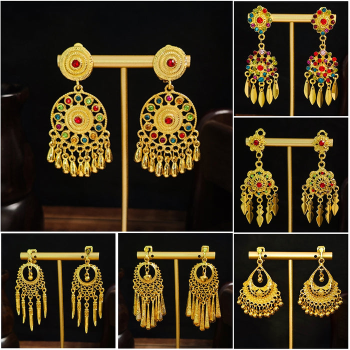 Bohemian Ethnic Long Teardrop Tassel Earrings, Rhinestone Tourist Attraction Non Pierced Ear Clips For Women