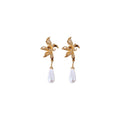 French Vintage Gold Plated Faux Pearl Flower Teardrop Long Drop Earrings With Silver Posts view 5