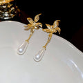French Vintage Gold Plated Faux Pearl Flower Teardrop Long Drop Earrings With Silver Posts view 4