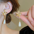 French Vintage Gold Plated Faux Pearl Flower Teardrop Long Drop Earrings With Silver Posts view 1