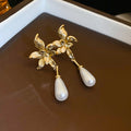 French Vintage Gold Plated Faux Pearl Flower Teardrop Long Drop Earrings With Silver Posts view 2