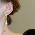 French Vintage Gold Plated Faux Pearl Flower Teardrop Long Drop Earrings With Silver Posts view 3