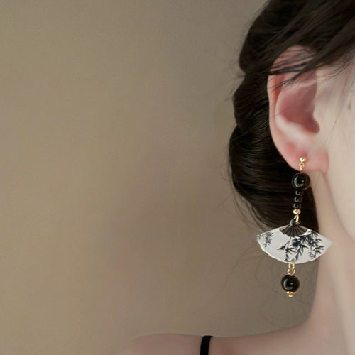 New Chinese Style Ink Painting Fan Resin Drop Earrings With Silver Needle Retro Long Geometric Design