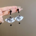 New Chinese Style Ink Painting Fan Resin Drop Earrings With Silver Needle Retro Long Geometric Design view 3