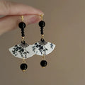 New Chinese Style Ink Painting Fan Resin Drop Earrings With Silver Needle Retro Long Geometric Design view 1