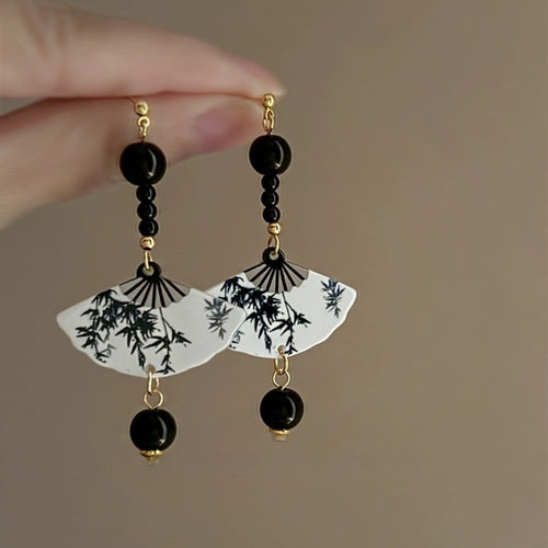 New Chinese Style Ink Painting Fan Resin Drop Earrings With Silver Needle Retro Long Geometric Design