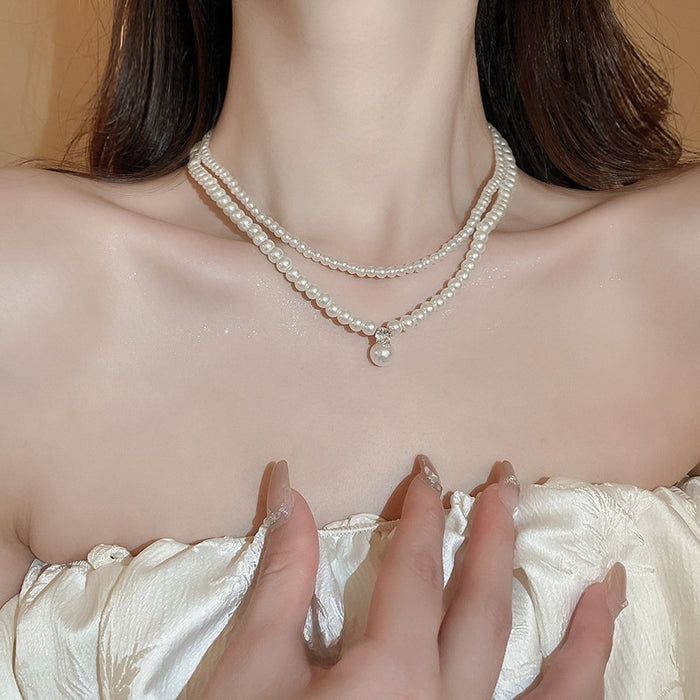 French Light Luxury Layered Faux Pearl Zircon Geometric Pendant Necklace For Elegant Women