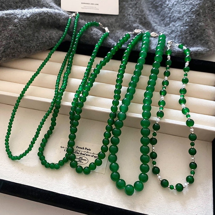 Emerald Geometric Glass Beaded Necklace, New Chinese Minimalist Round Choker Jewelry