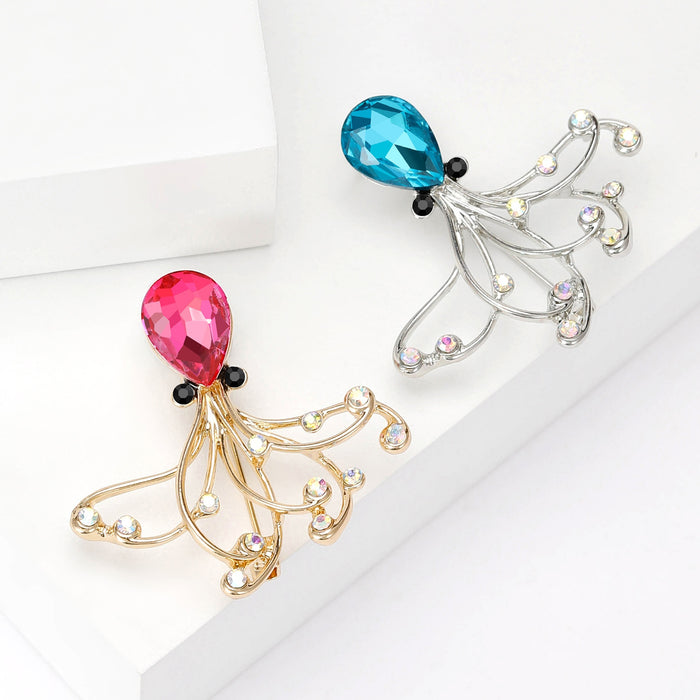 Cute Alloy Rhinestone Octopus Brooch For Women's Ocean Animal Accessories