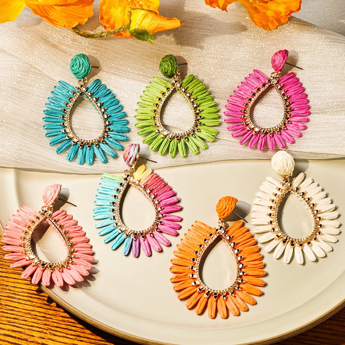 Bohemian Colorful Raffia Straw Teardrop Hollow Alloy Rhinestone Beach Vacation Statement Dangle Earrings