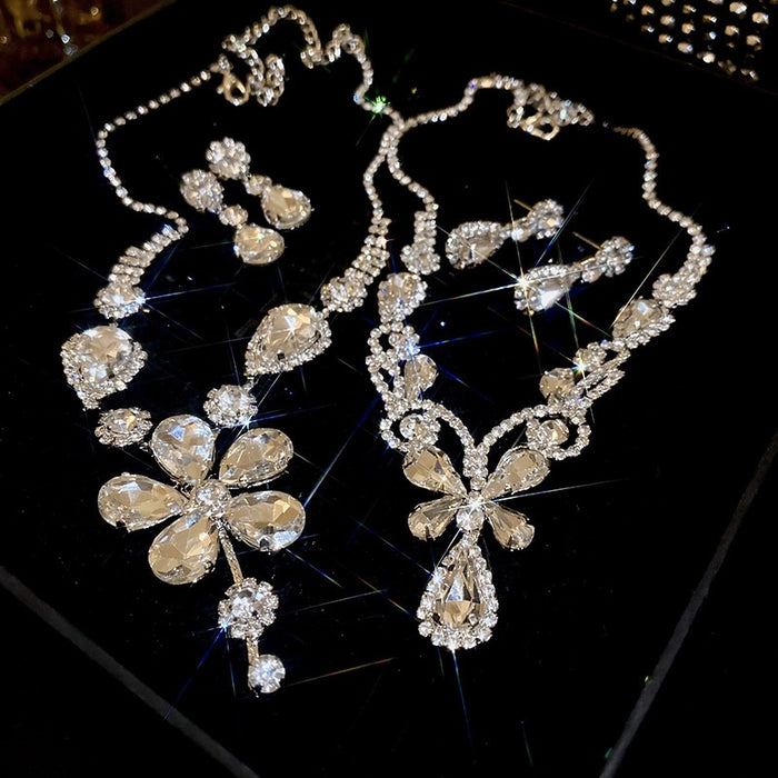 Copper Rhinestone Teardrop Flower Pendant Necklace Jewelry Set Luxury Collarbone Style