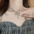 Copper Rhinestone Teardrop Flower Pendant Necklace Jewelry Set Luxury Collarbone Style view 2