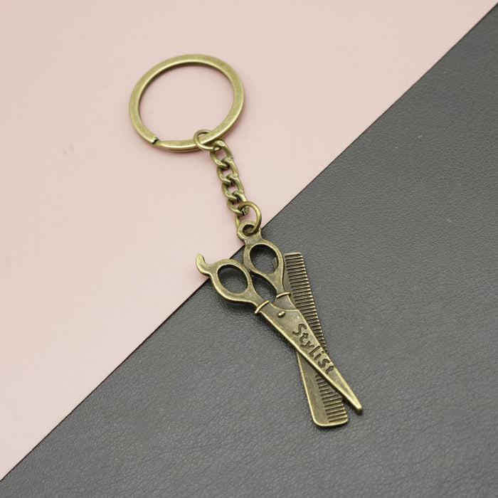 Zinc Alloy Scissors Comb Keychain Hair Stylist Gift Key Ring