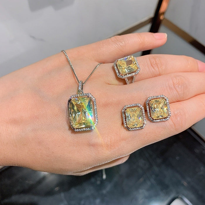 French Royal Jewelry Set With Geometric Quadrilateral Earrings Ring And Necklace Elegant Suite