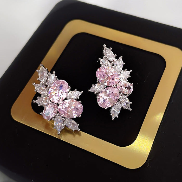 Sparkling Sakura Pink Flower Stud Earrings For Women Sweet Zircon Elegant Ear Jewelry